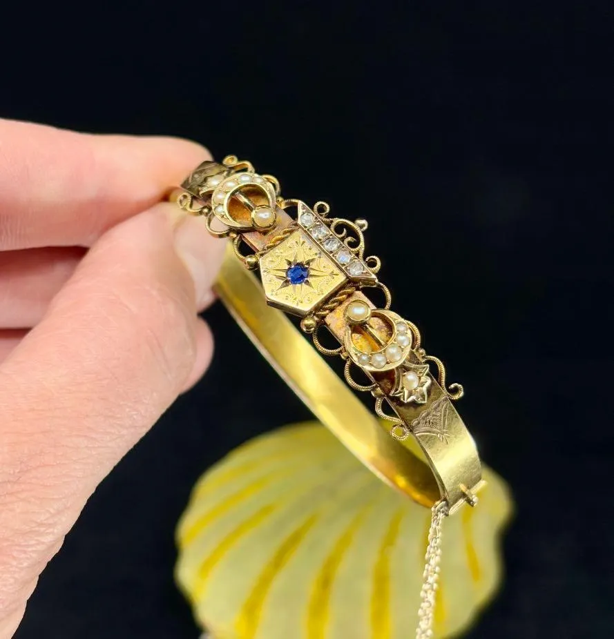 Antique Australian Willis and Sons Diamond, Pearl and Sapphire Bangle