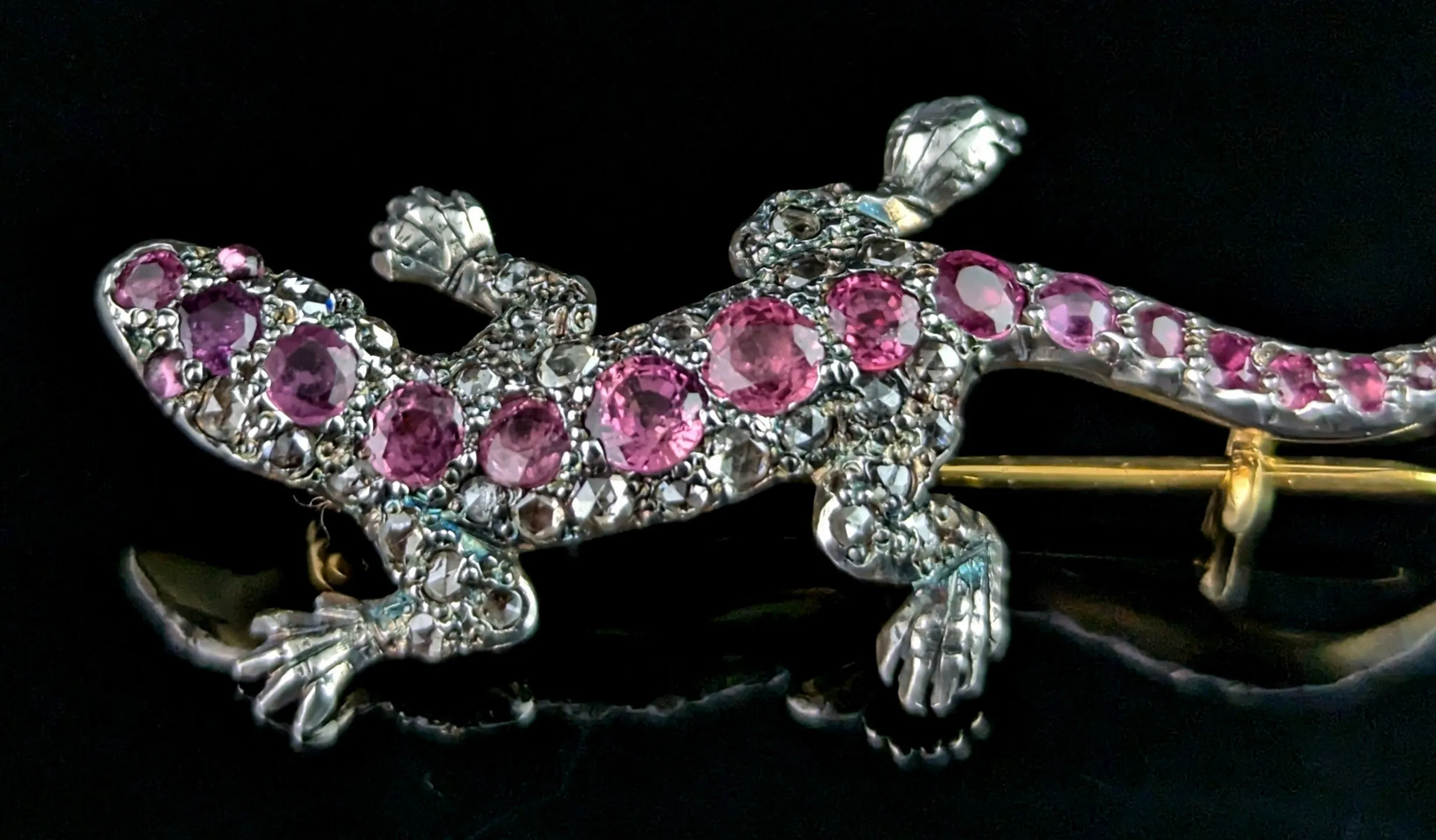 Antique Diamond and Pink sapphire lizard brooch, 9ct gold and Silver