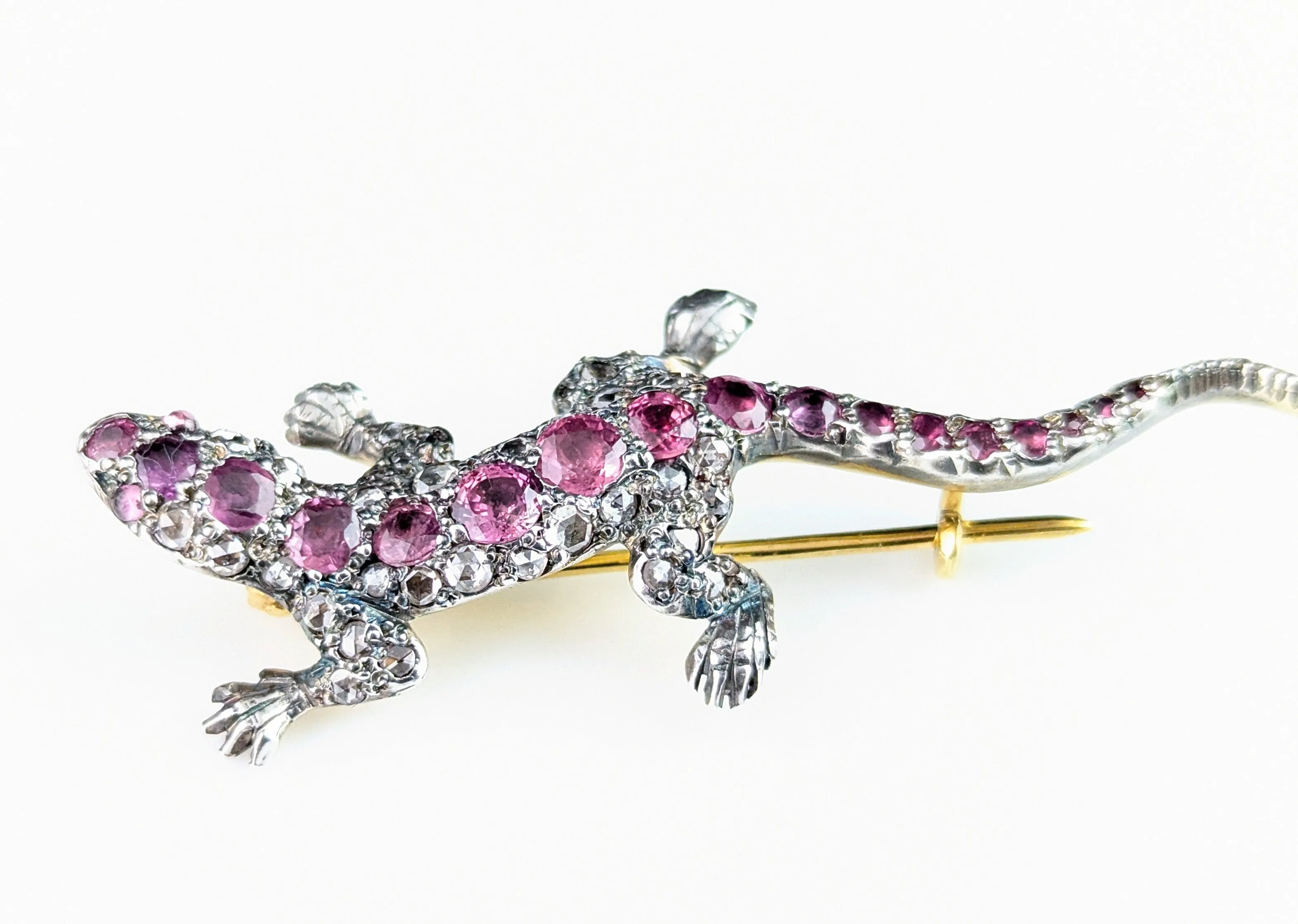 Antique Diamond and Pink sapphire lizard brooch, 9ct gold and Silver