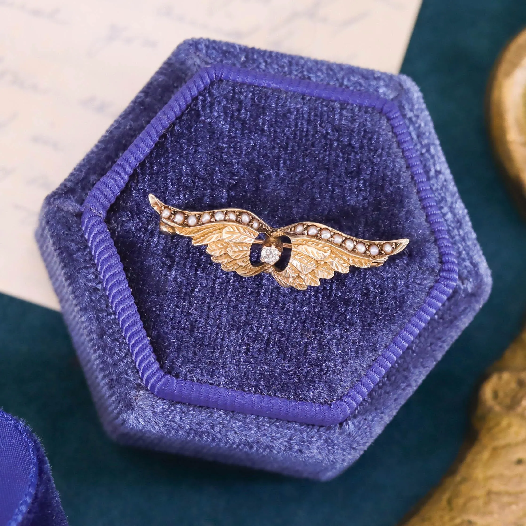 Antique Diamond Wings Brooch of 10k Gold