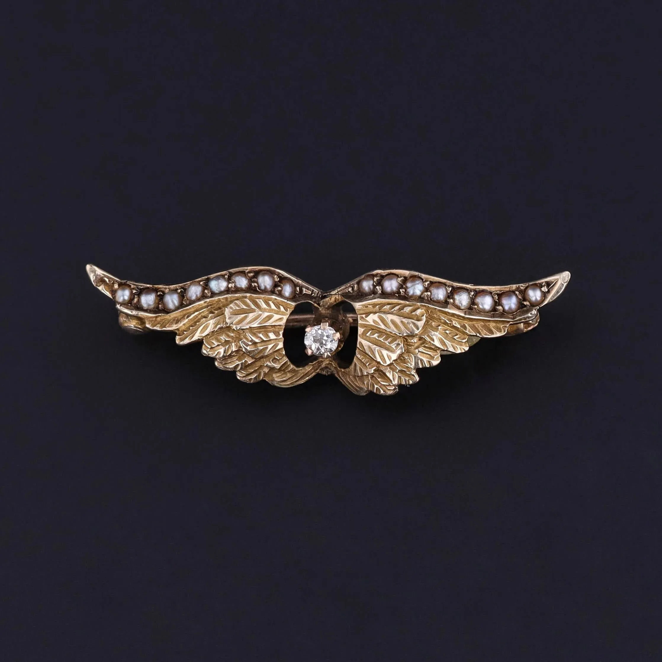 Antique Diamond Wings Brooch of 10k Gold