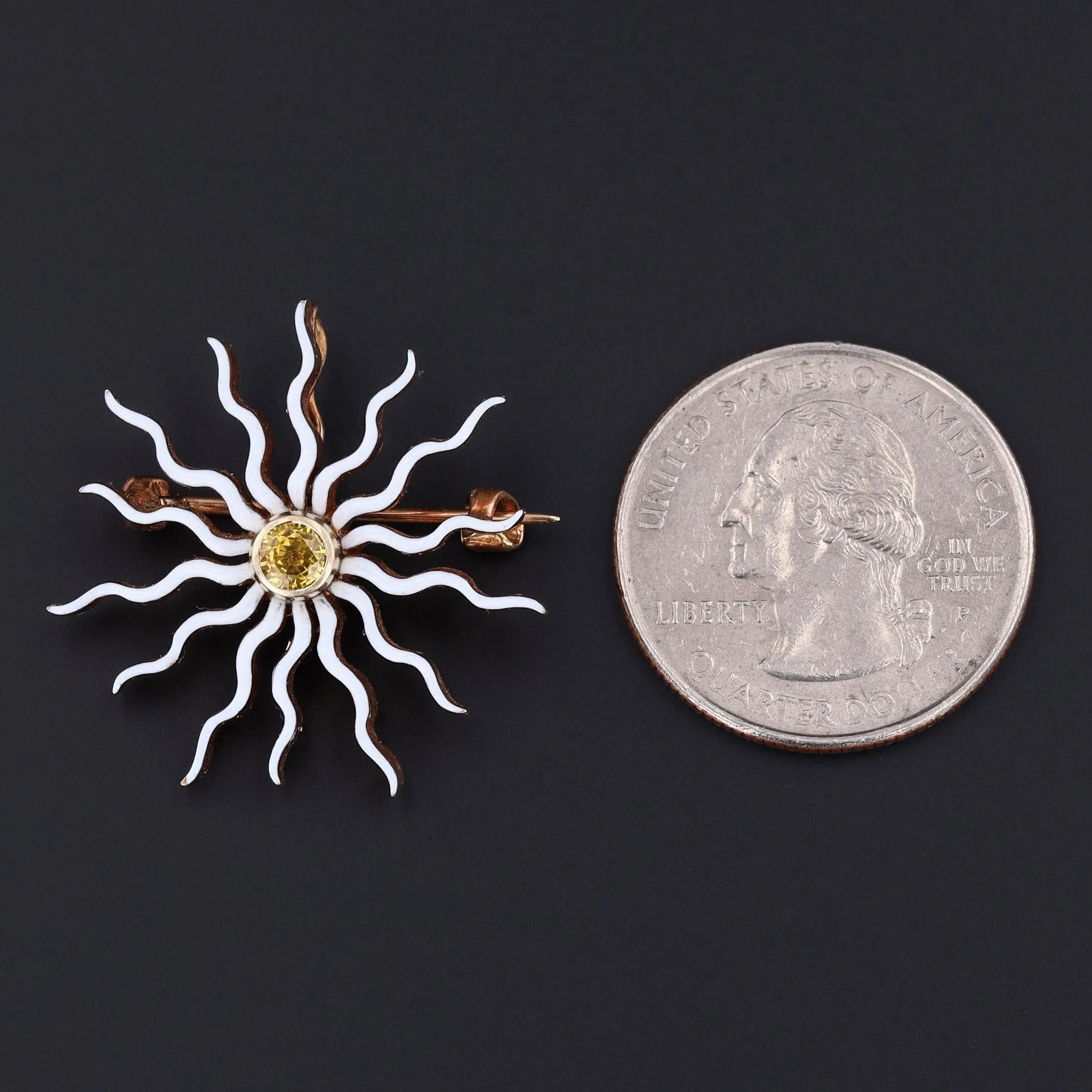 Antique Enamel and Sapphire Sunburst Pendant Brooch 14k Gold