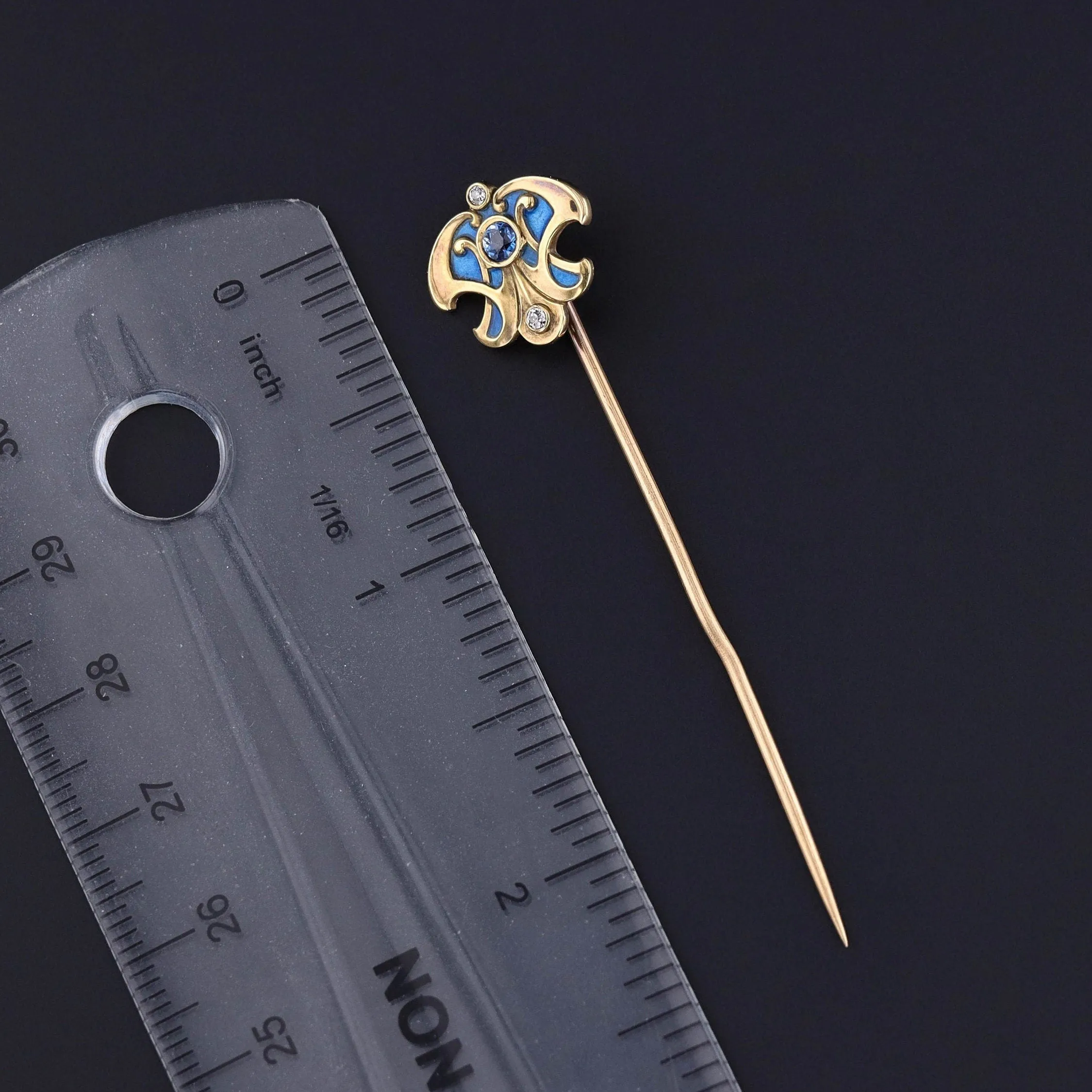 Antique Enamel Sapphire & Diamond Stickpin of 14k Gold
