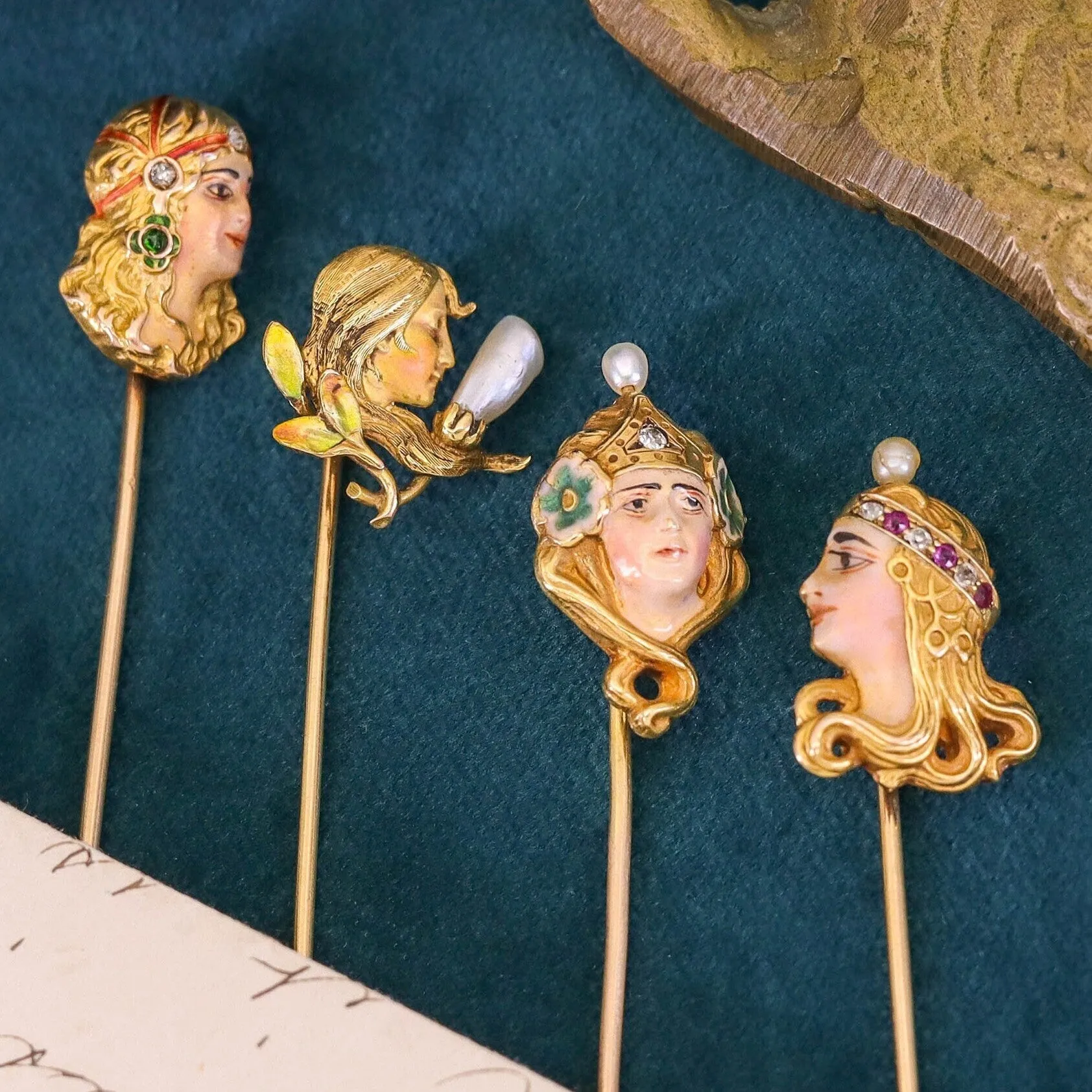 Antique Enamel Woman Stickpin of 14k Gold