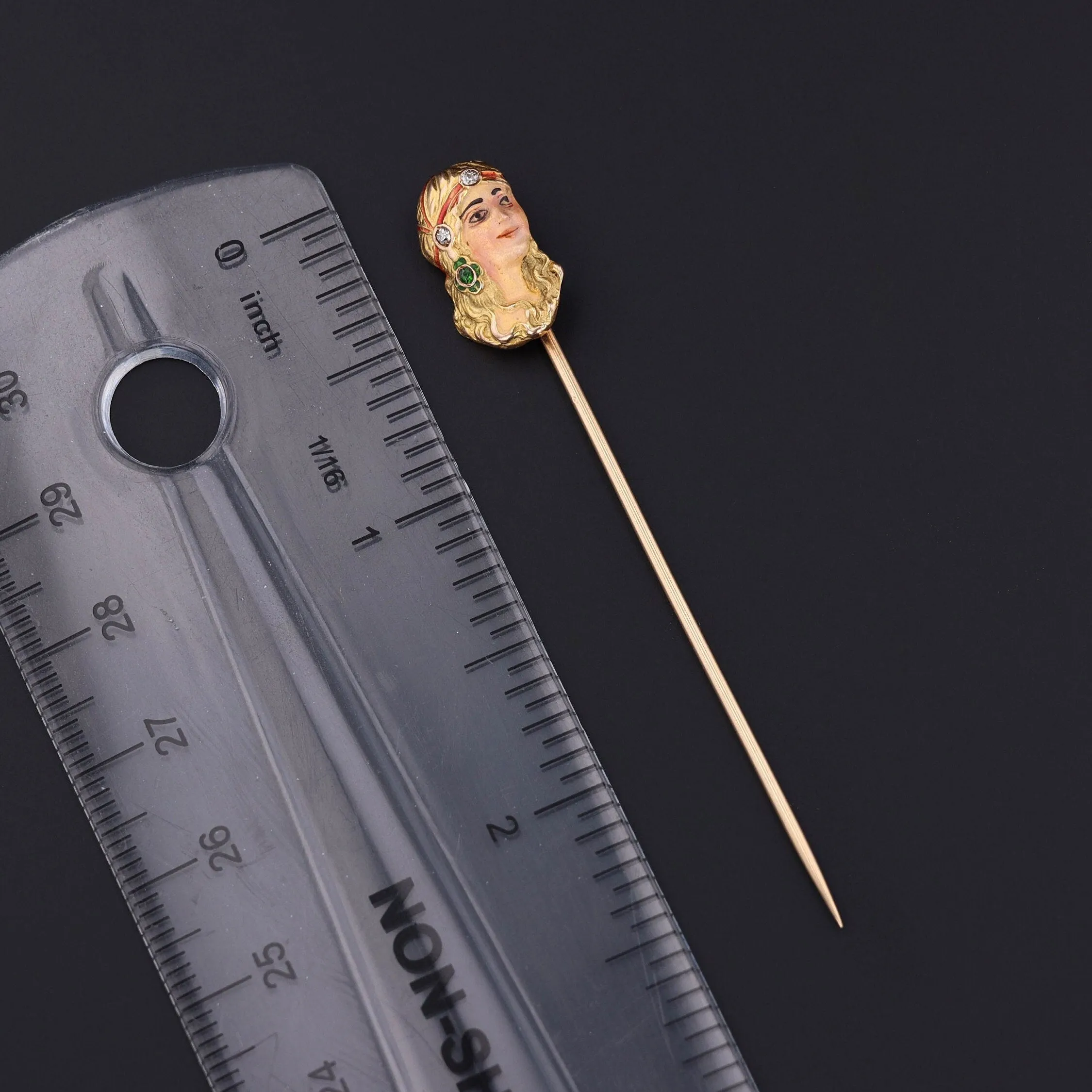 Antique Enamel Woman Stickpin of 14k Gold
