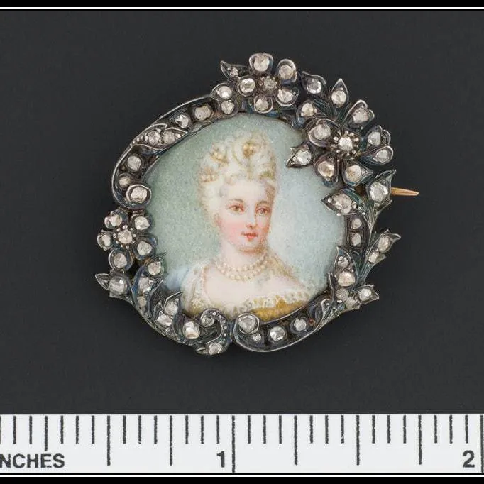 Antique French Portrait Miniature Brooch, Silver Topped 18k Gold & Rose Cut Diamond Pin