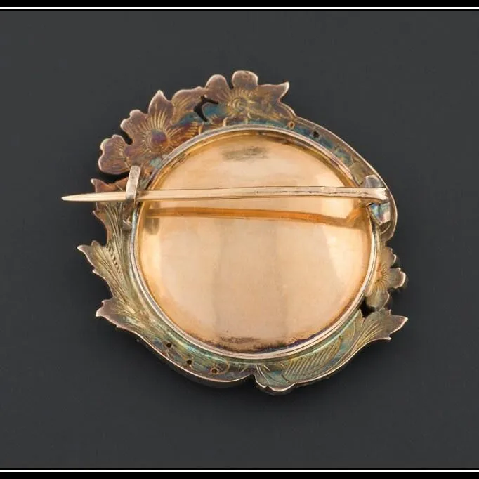 Antique French Portrait Miniature Brooch, Silver Topped 18k Gold & Rose Cut Diamond Pin