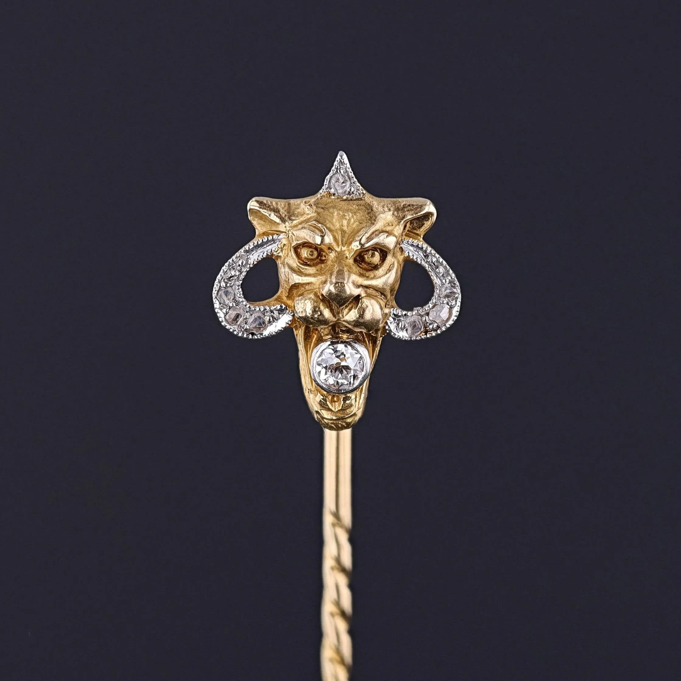 Antique Lion Stickpin of 14k Gold and Platinum