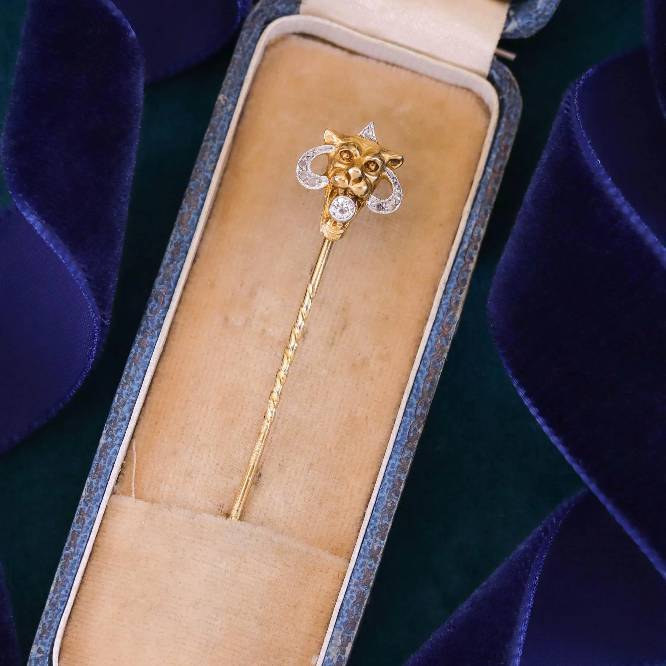 Antique Lion Stickpin of 14k Gold and Platinum