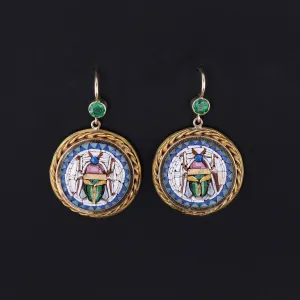 Antique Micromosaic Scarab Earrings of 14k Gold