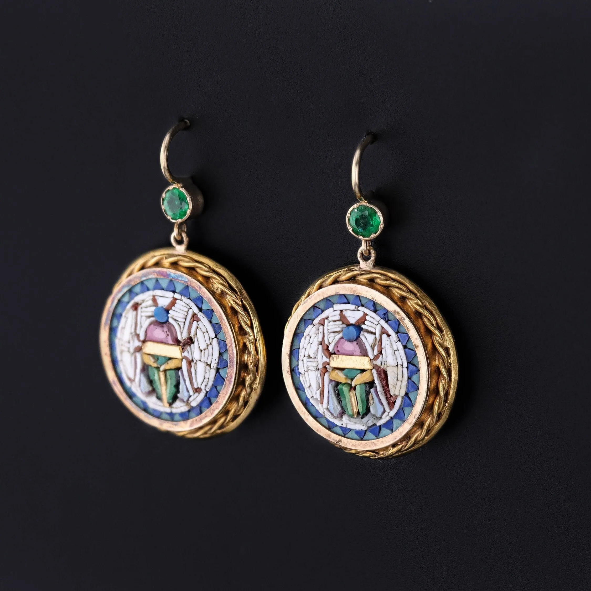 Antique Micromosaic Scarab Earrings of 14k Gold