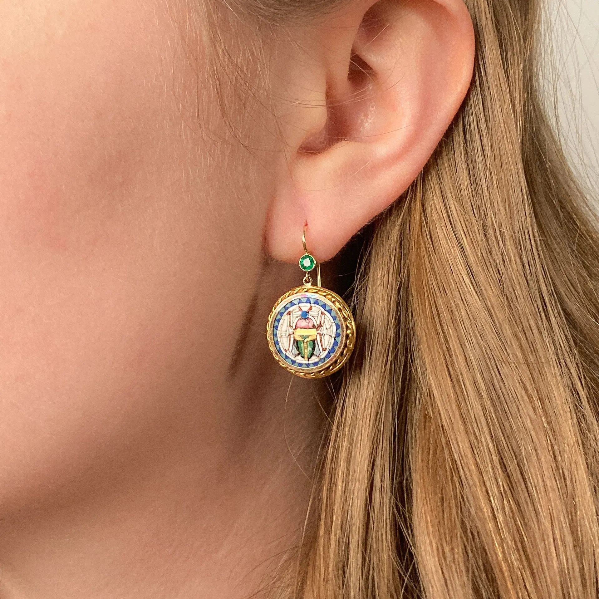Antique Micromosaic Scarab Earrings of 14k Gold