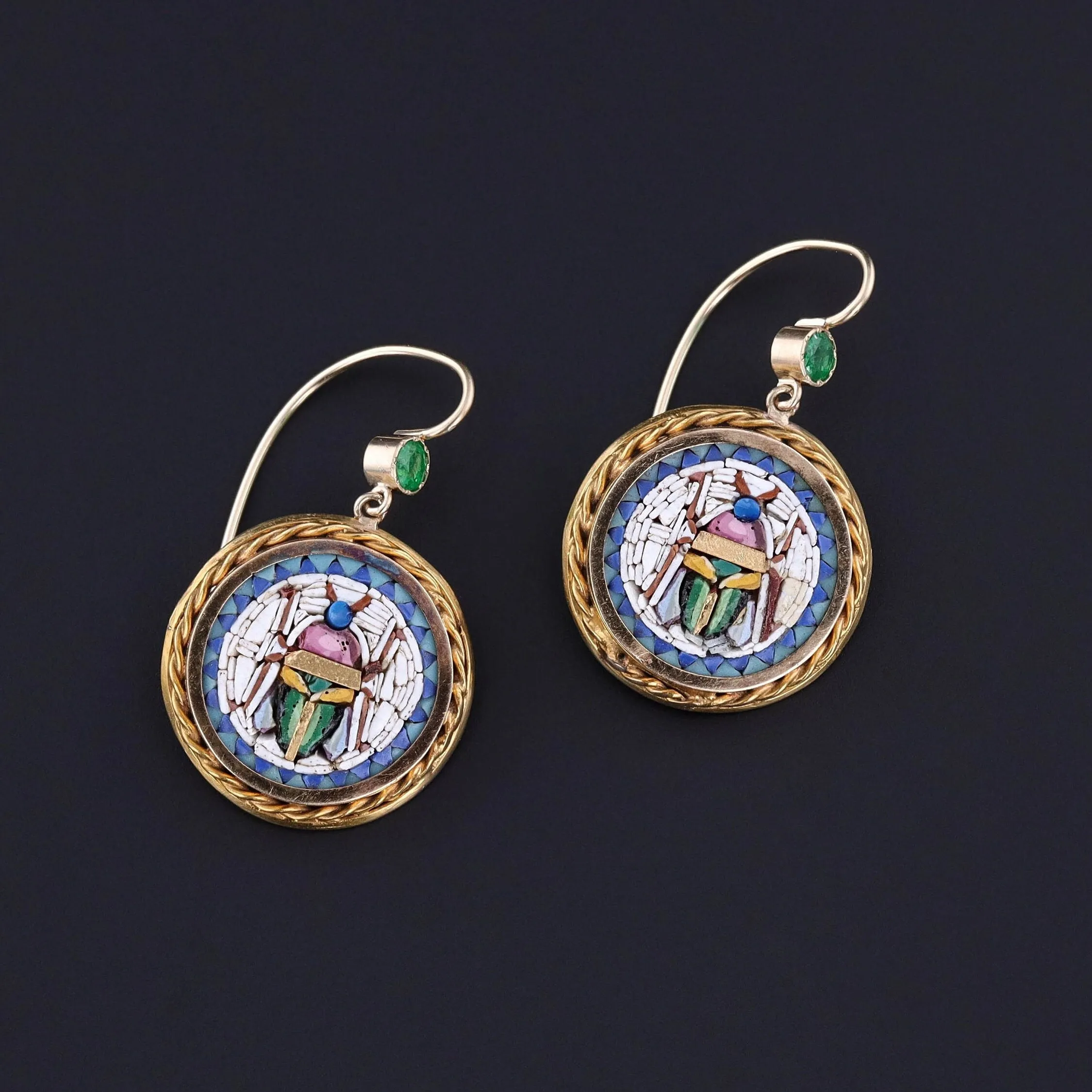 Antique Micromosaic Scarab Earrings of 14k Gold