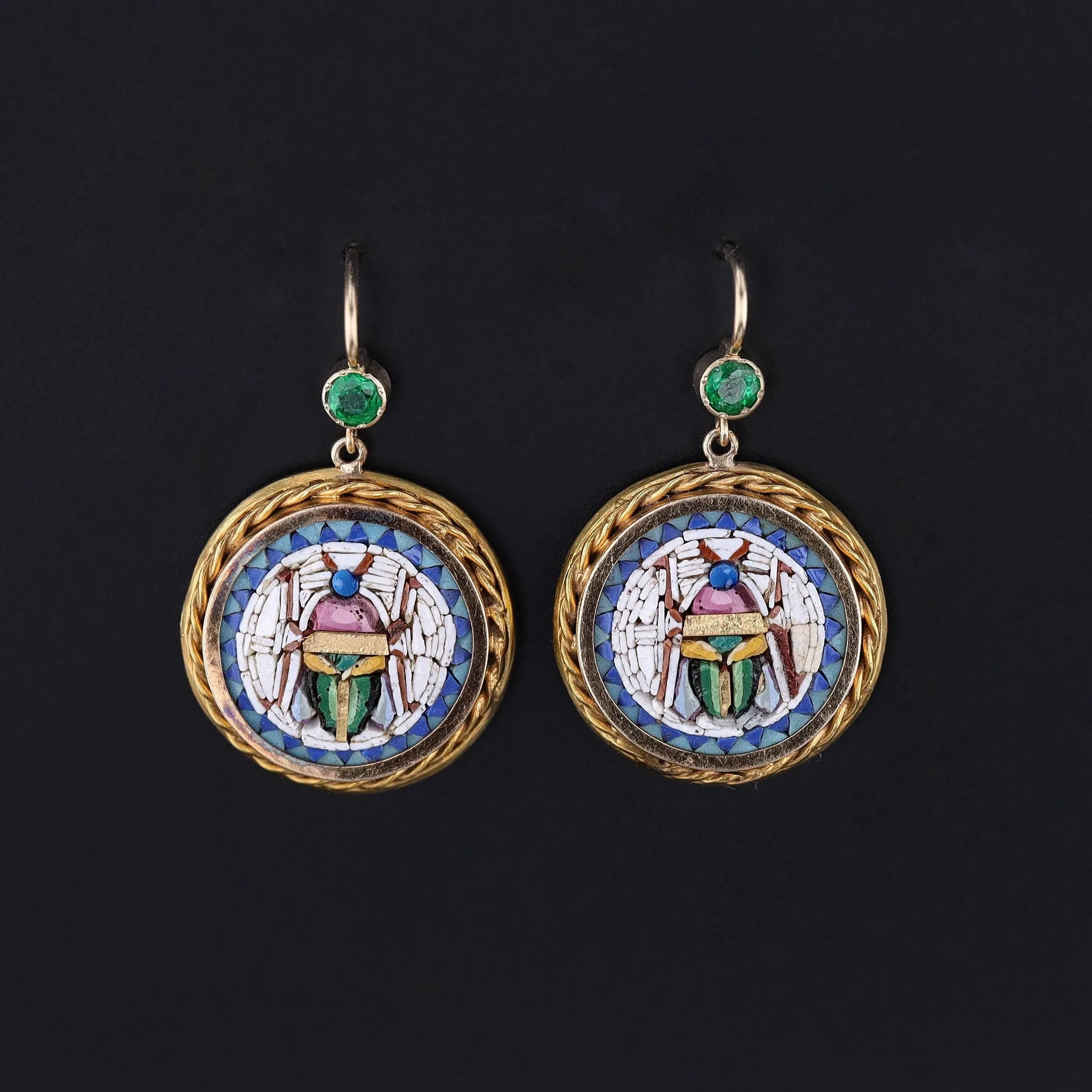 Antique Micromosaic Scarab Earrings of 14k Gold