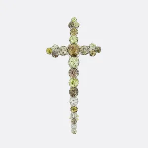 Antique Natural Fancy Multi Coloured Diamond Cross Brooch