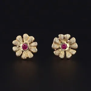 Antique Ruby Flower Conversion Earrings of 18k Gold
