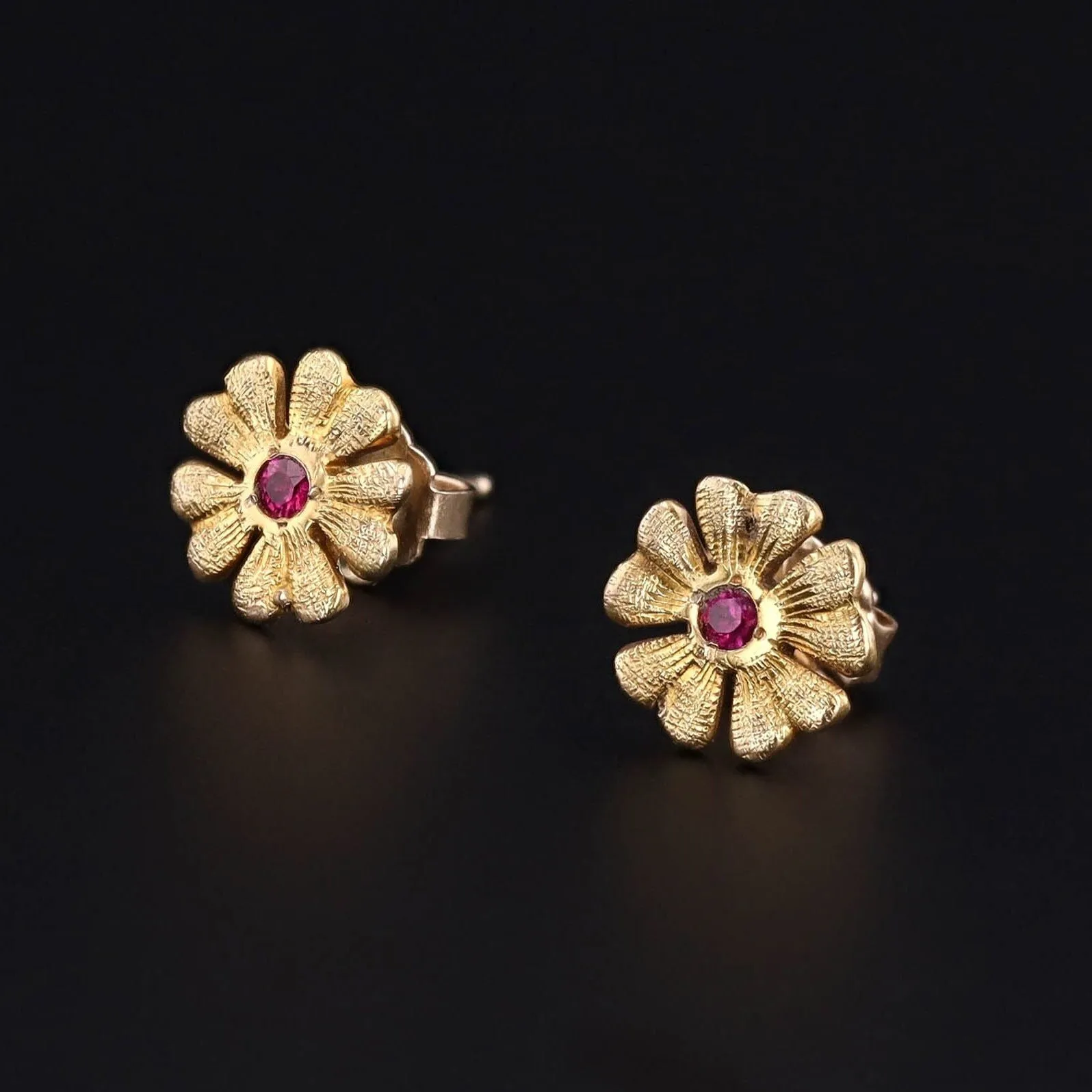 Antique Ruby Flower Conversion Earrings of 18k Gold
