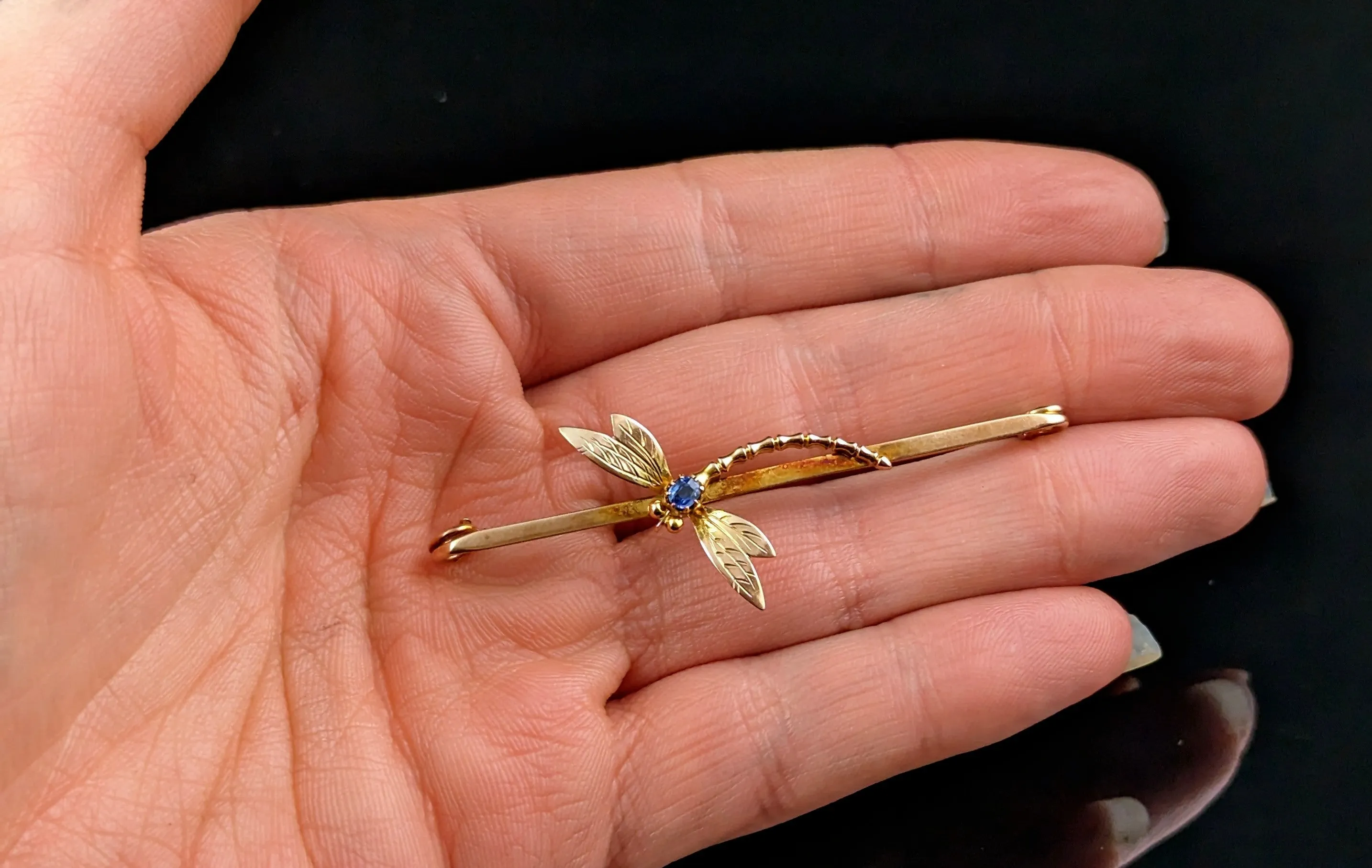 Antique Sapphire Dragonfly brooch, 9ct yellow gold, Art Nouveau