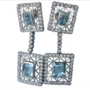 Antique style Aquamarine Diamonds Dangle Earrings 18K