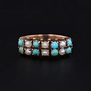Antique Turquoise and Pearl Ring of 14k Gold