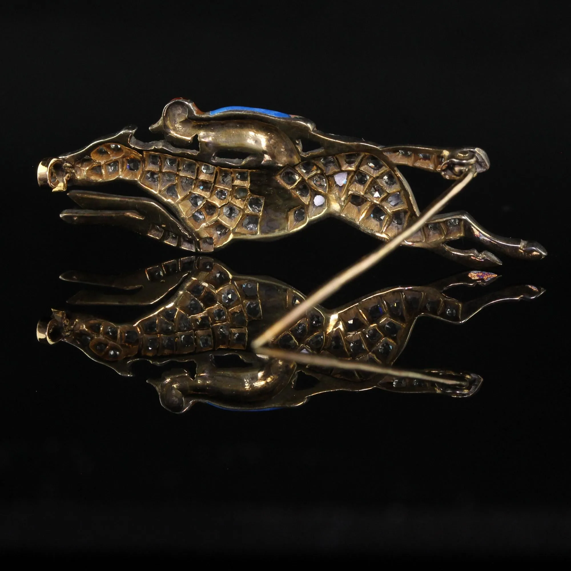 Antique Victorian 14K Gold and Silver Rose Cut Diamond Horse Jockey Enamel Pin