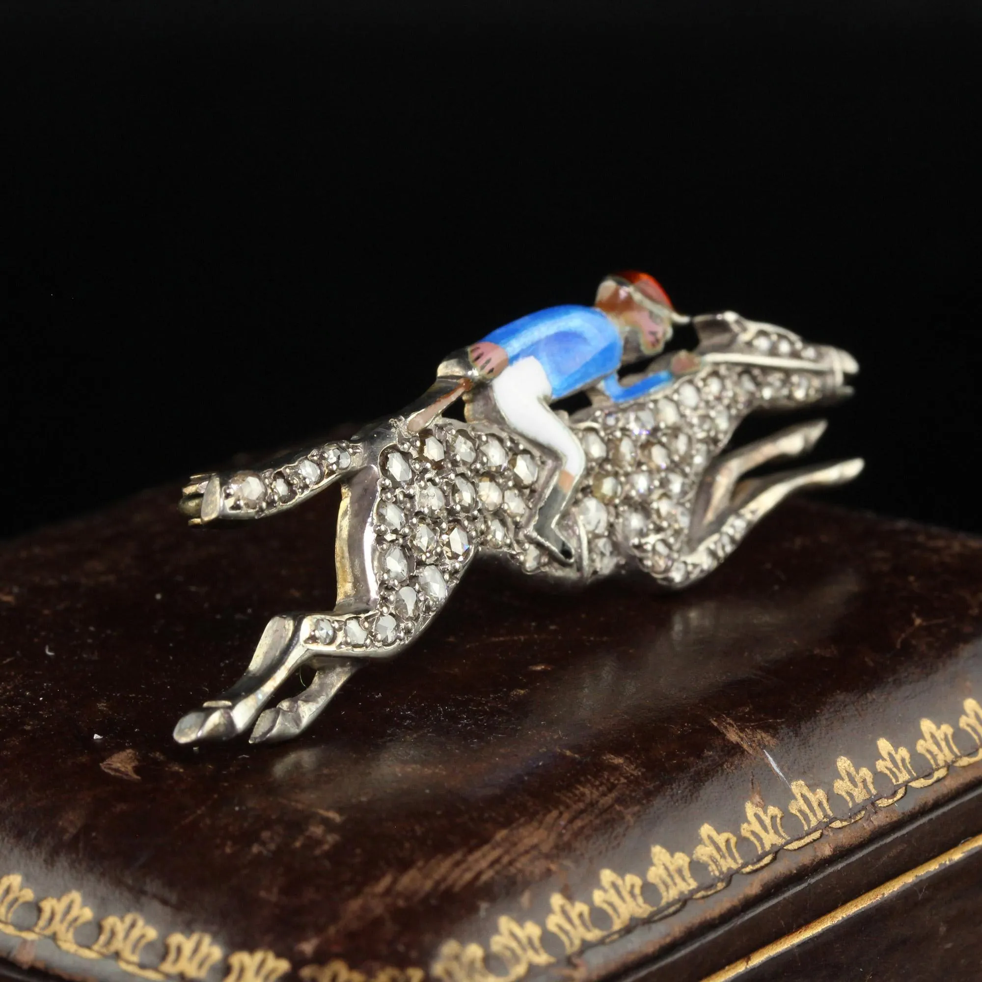 Antique Victorian 14K Gold and Silver Rose Cut Diamond Horse Jockey Enamel Pin
