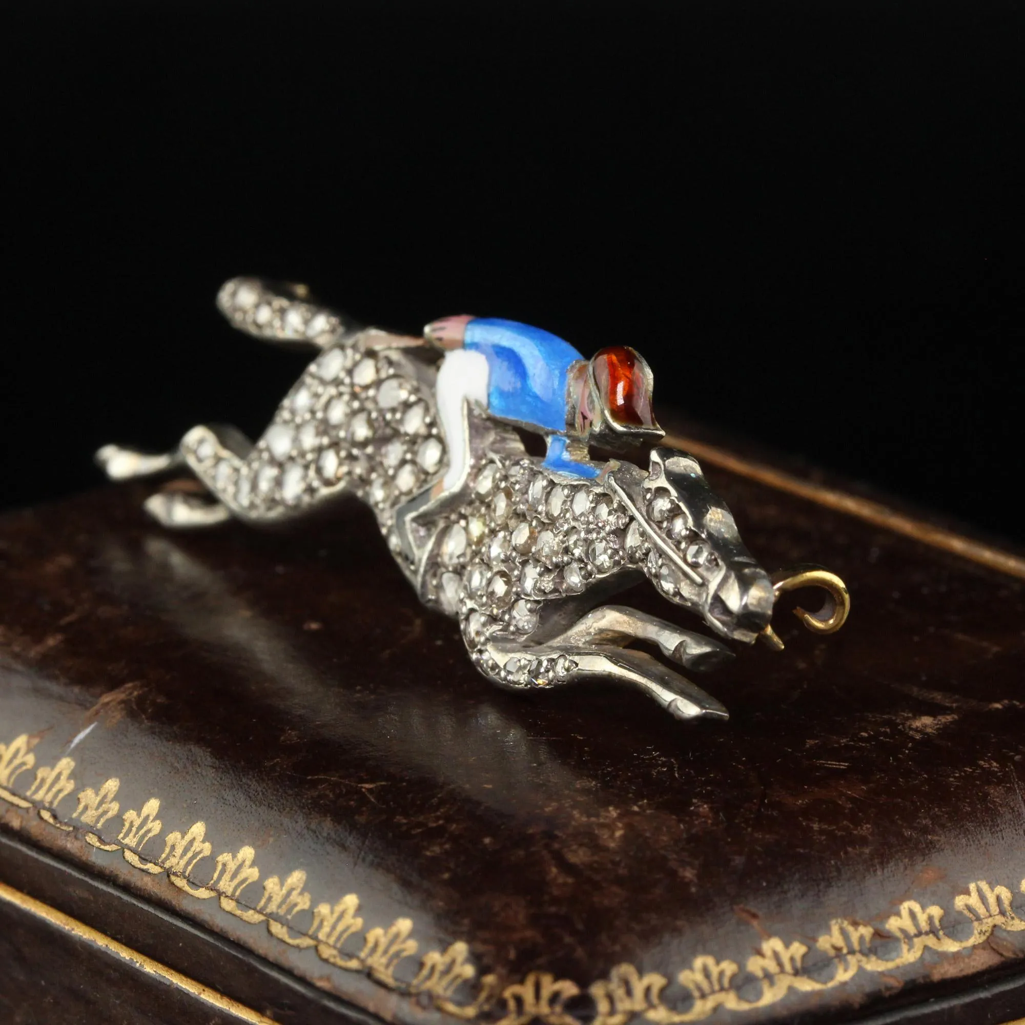 Antique Victorian 14K Gold and Silver Rose Cut Diamond Horse Jockey Enamel Pin