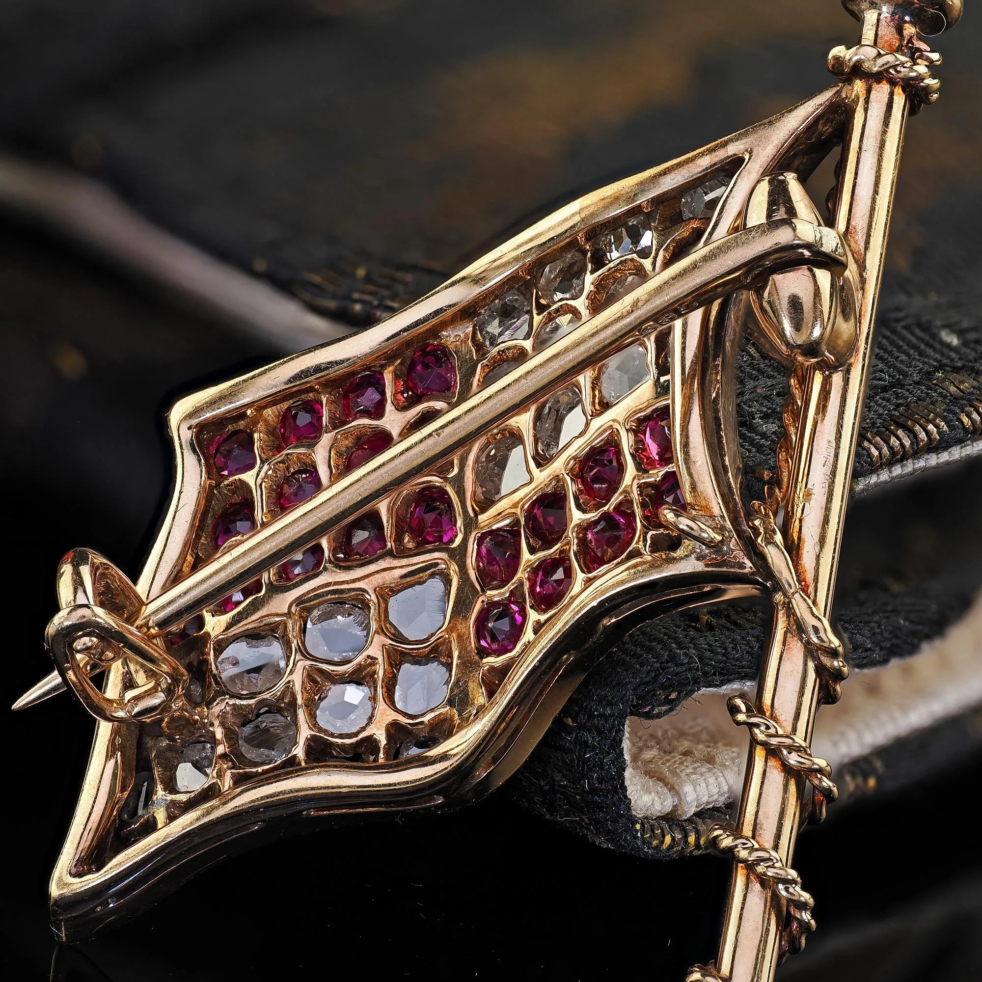 Antique Victorian 14K Yellow Gold Rose Cut Diamond and Ruby Flag Pin