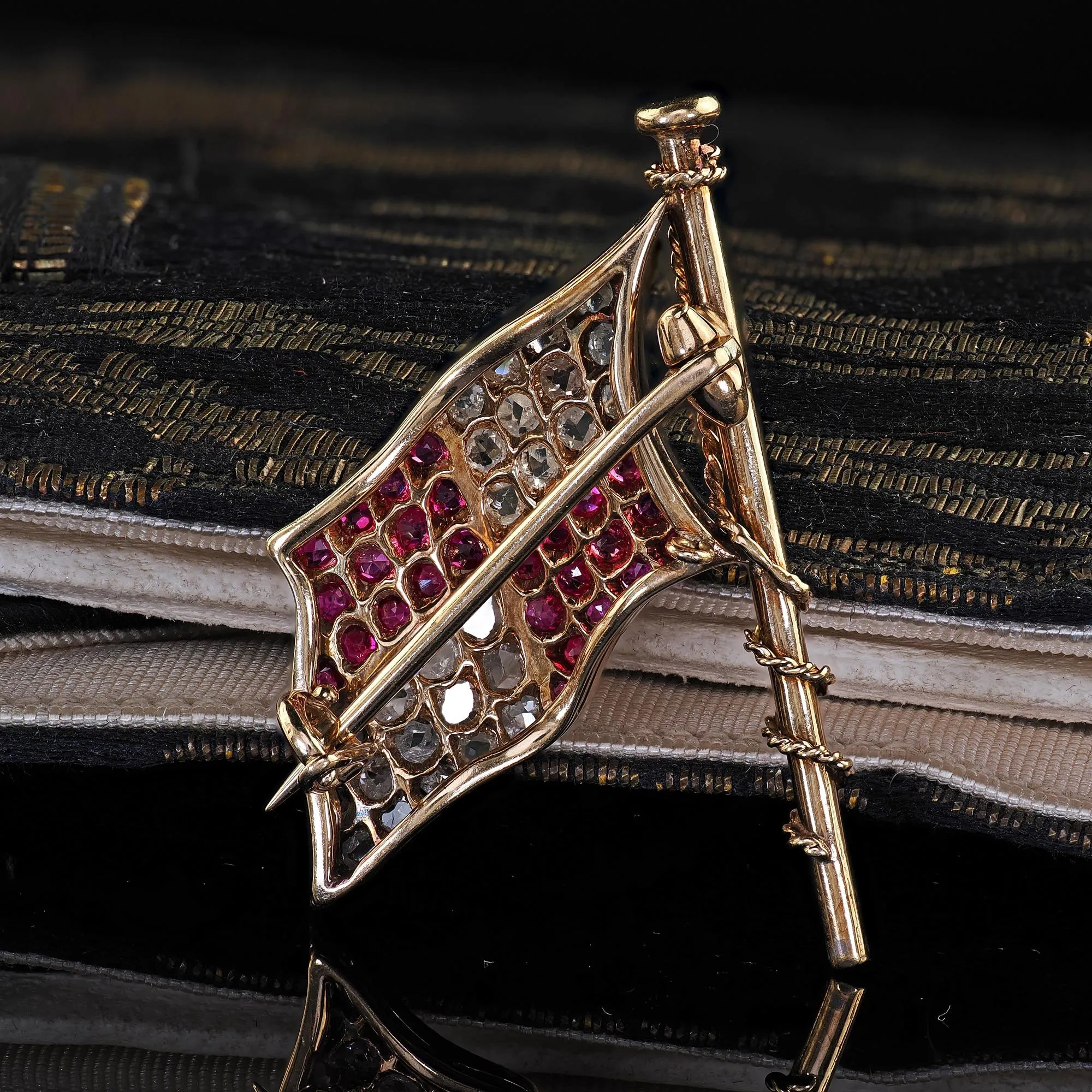 Antique Victorian 14K Yellow Gold Rose Cut Diamond and Ruby Flag Pin