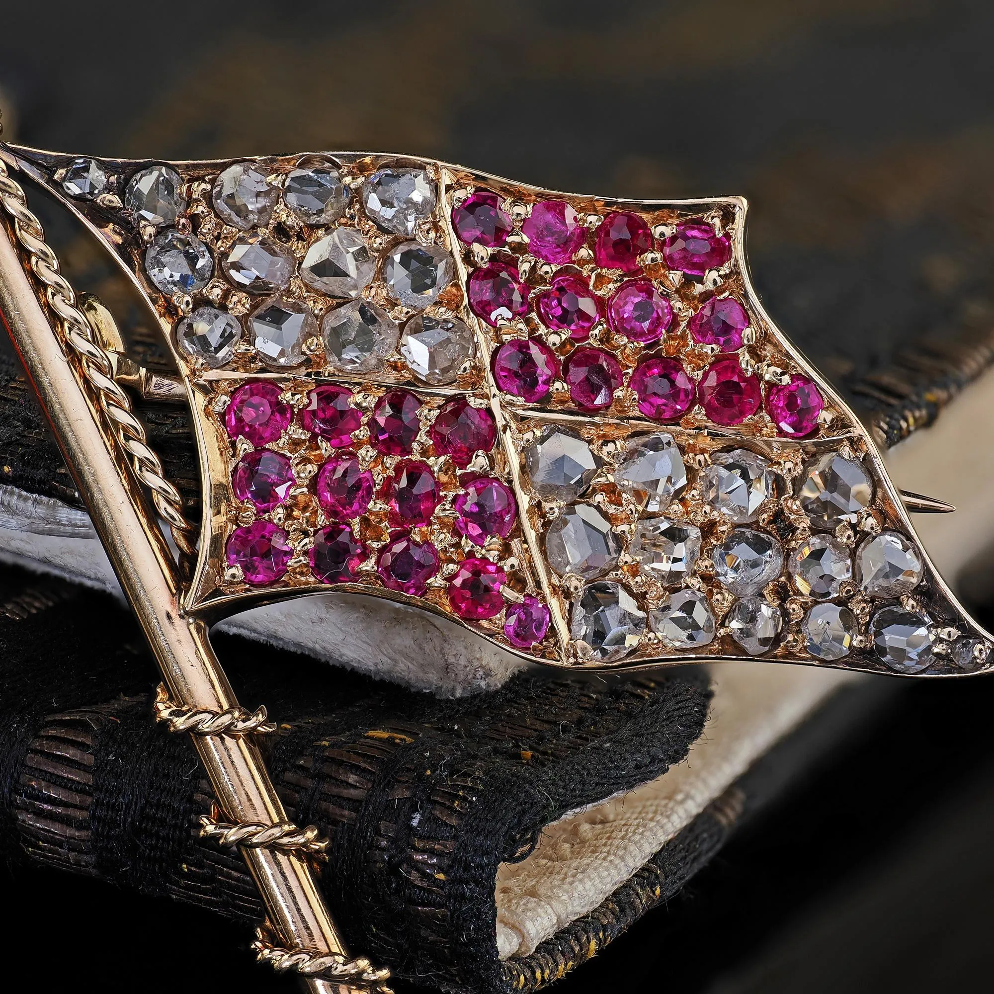 Antique Victorian 14K Yellow Gold Rose Cut Diamond and Ruby Flag Pin