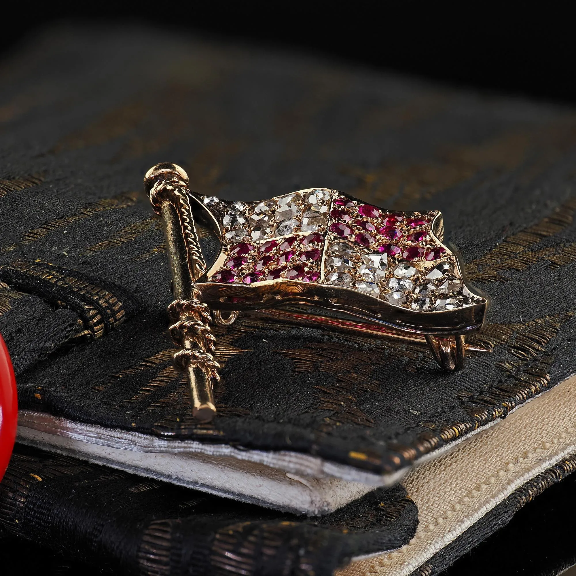 Antique Victorian 14K Yellow Gold Rose Cut Diamond and Ruby Flag Pin