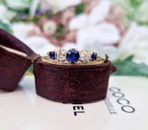 Antique Victorian 18ct Gold Classic Sapphire and Old Cut Diamond 5 Stone Band Ring / Size N 1/2 or 7.25
