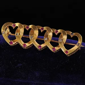 Antique Victorian 18K Yellow Gold Heart Linked Diamond and Ruby Brooch Pin