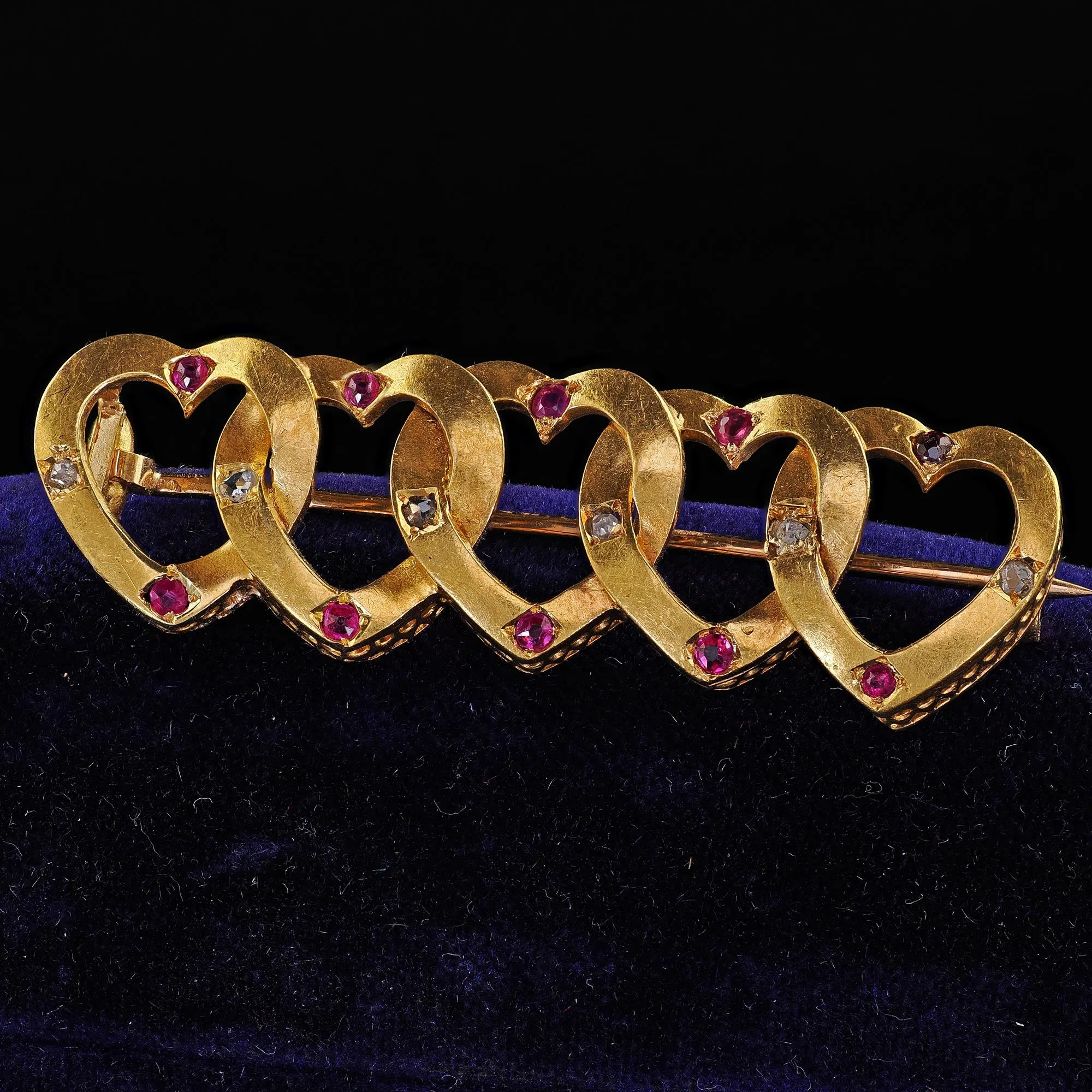 Antique Victorian 18K Yellow Gold Heart Linked Diamond and Ruby Brooch Pin