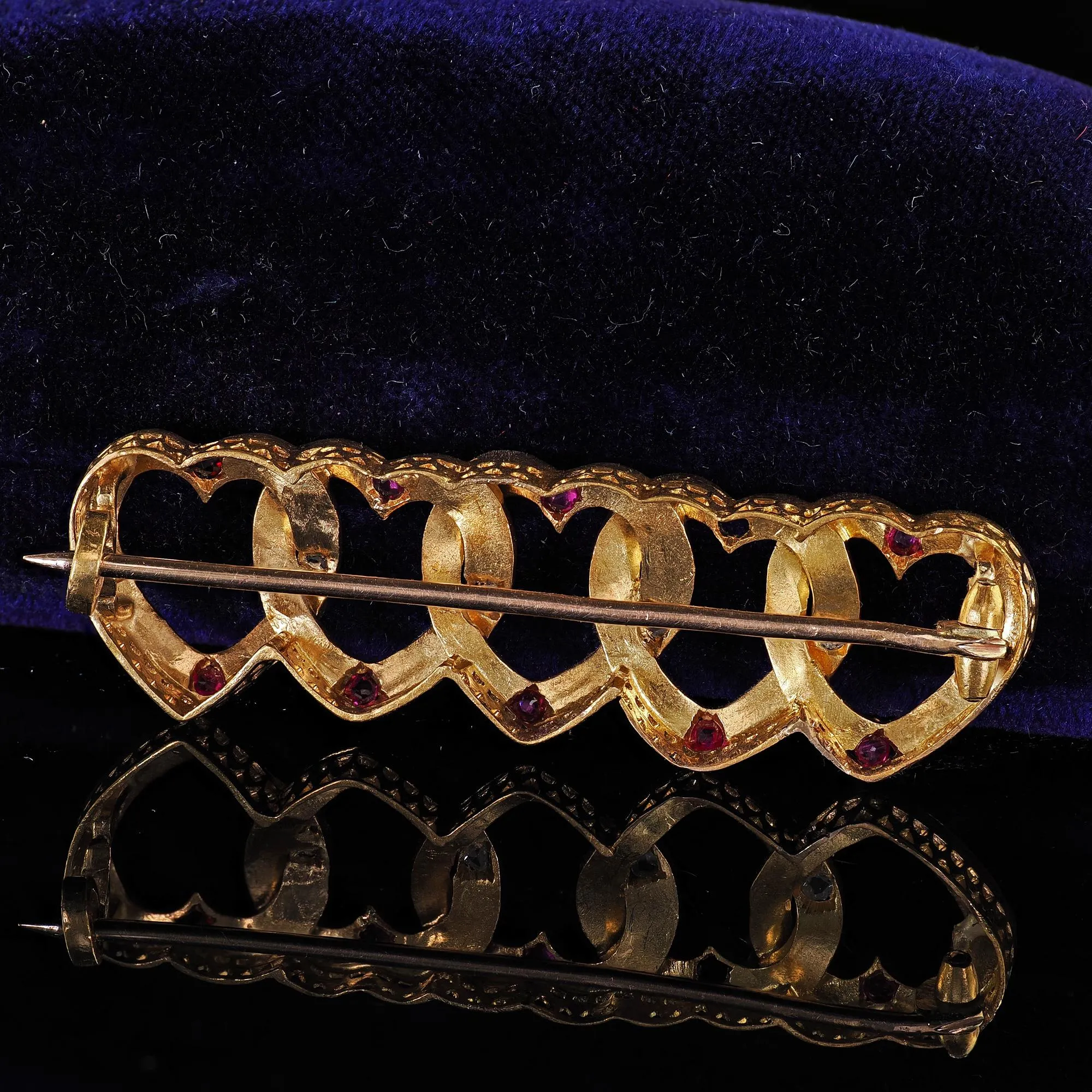 Antique Victorian 18K Yellow Gold Heart Linked Diamond and Ruby Brooch Pin