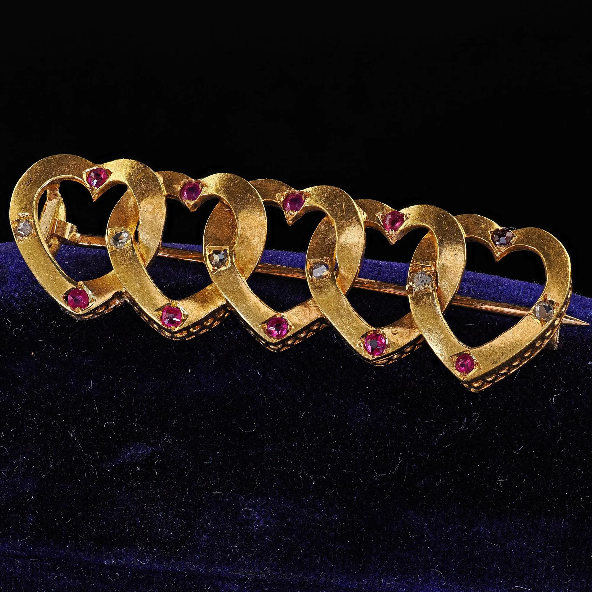 Antique Victorian 18K Yellow Gold Heart Linked Diamond and Ruby Brooch Pin