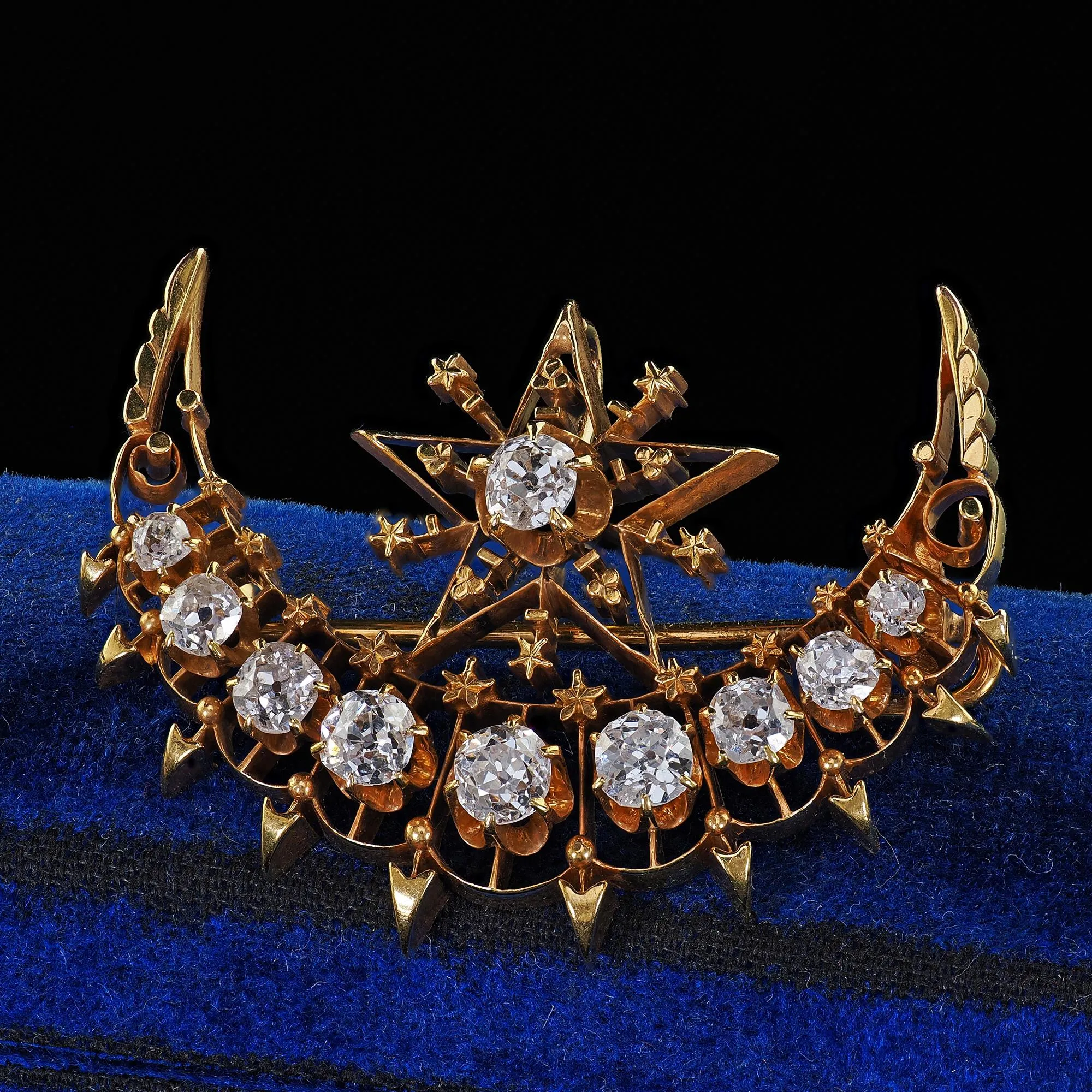 Antique Victorian 18K Yellow Gold Old Mine Diamond Celestial Crescent Pin Brooch
