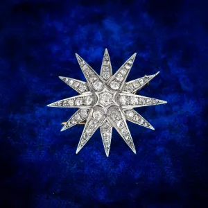 Antique Victorian Old Cut Diamond Gold and Silver Star Celestial Brooch Pin and Pendant