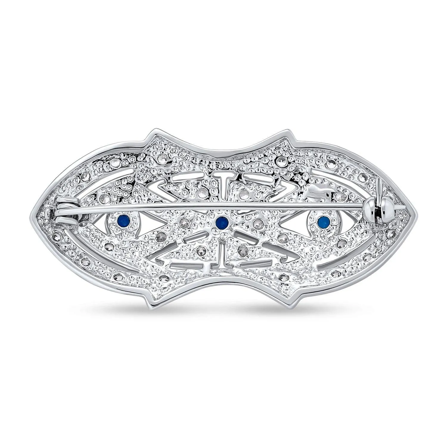 Art Deco Brooche Pin with Blue CZ Simulated Sapphire on Silver Plated Brass