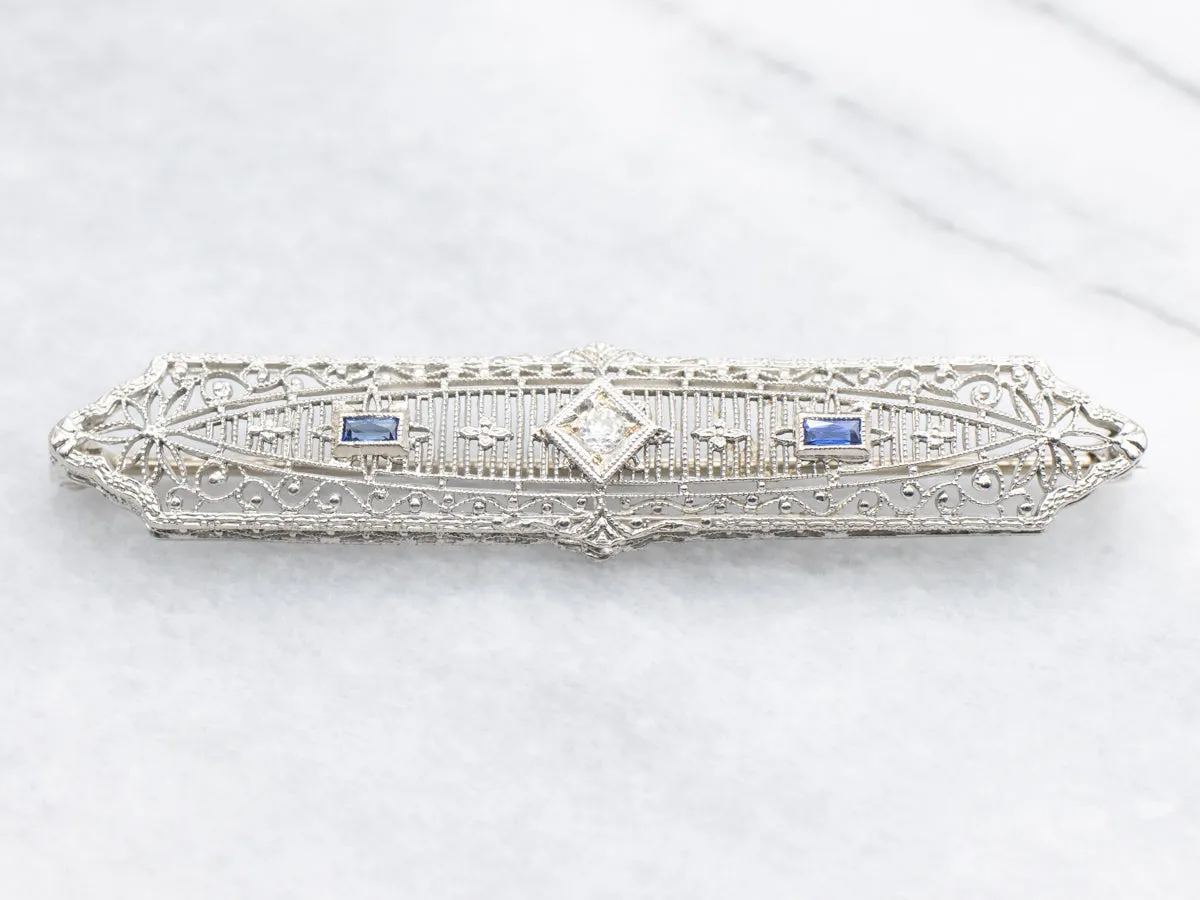 Art Deco European Cut Diamond and Sapphire Brooch