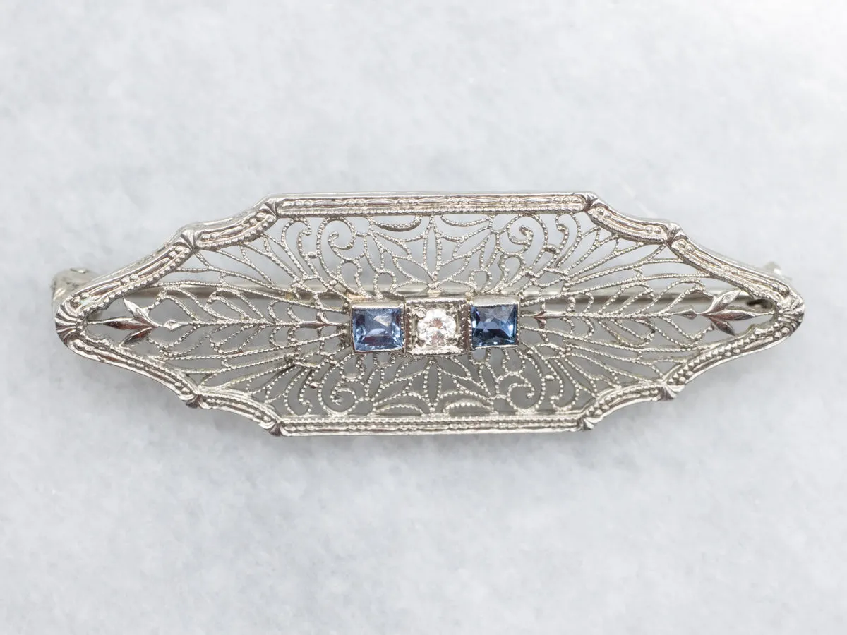 Art Deco Filigree Diamond and Sapphire Brooch