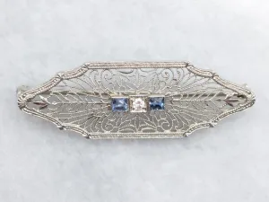 Art Deco Filigree Diamond and Sapphire Brooch
