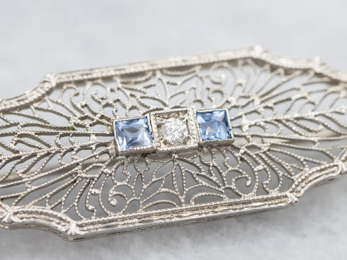 Art Deco Filigree Diamond and Sapphire Brooch