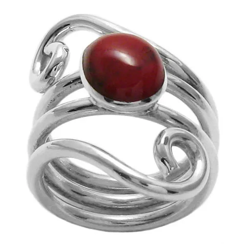 Art Deco Inspired Swirly Wrap Ring with Oval Red Jasper in Sterling Silver.