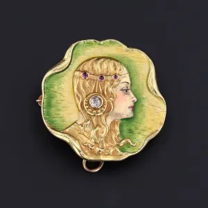 Art Nouveau Enamel Woman Brooch of 18k Gold