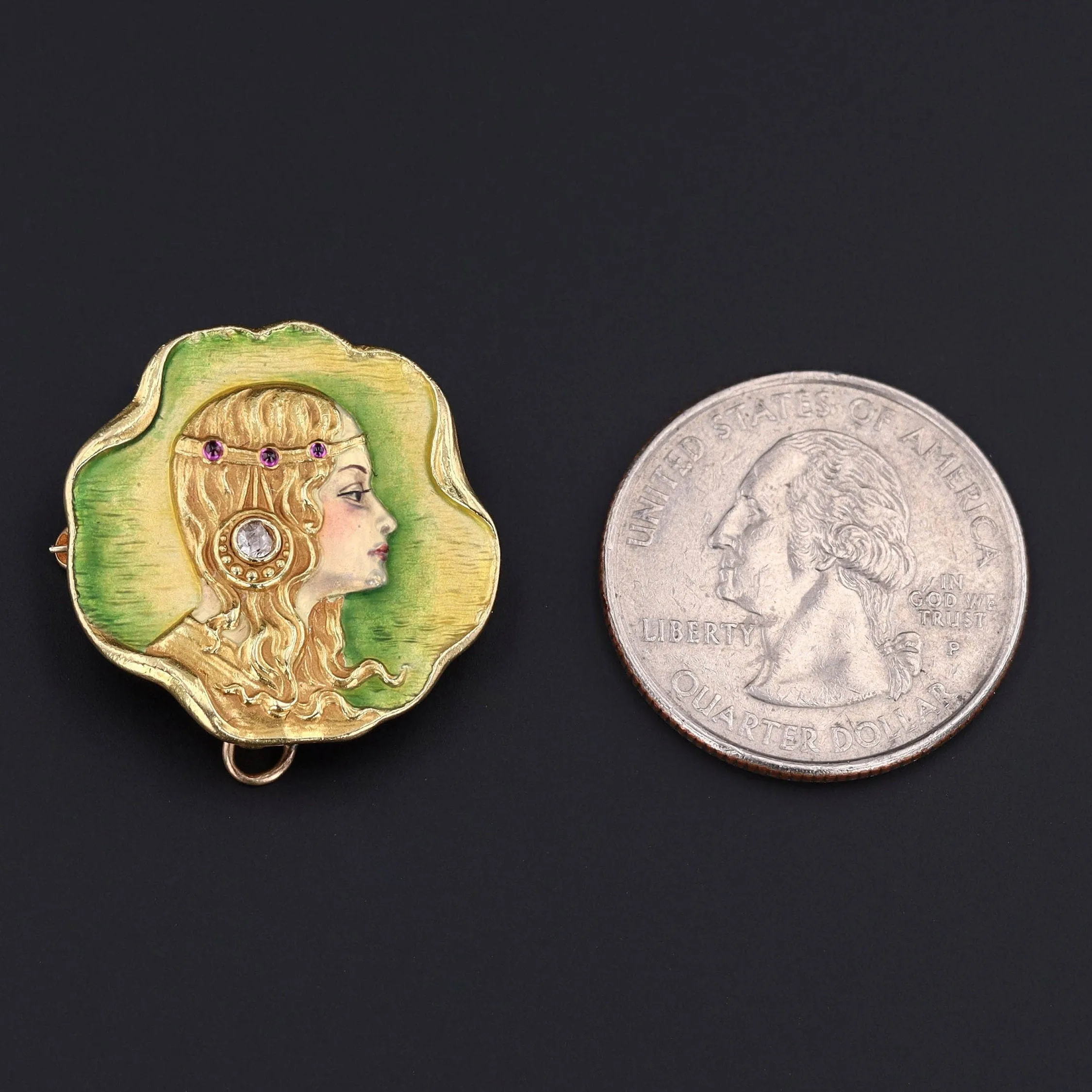 Art Nouveau Enamel Woman Brooch of 18k Gold