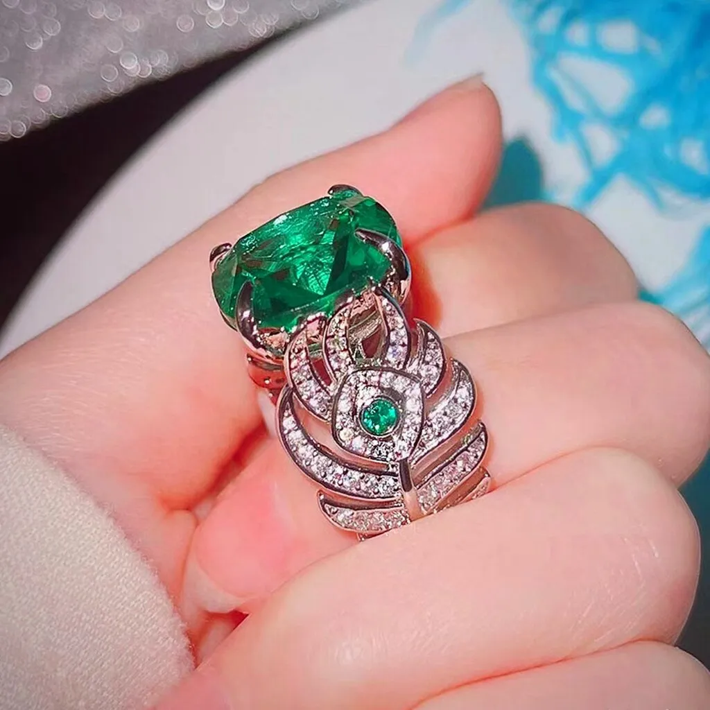 Art Nouveau Stylish Green Peacock Feather Band Square Stone Solitaire Adjustable Rings for Costume Accessory