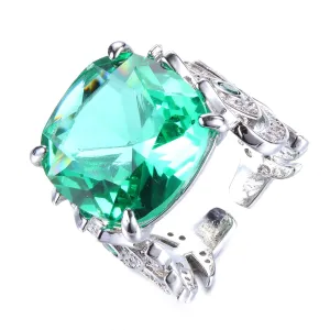 Art Nouveau Stylish Green Peacock Feather Band Square Stone Solitaire Adjustable Rings for Costume Accessory
