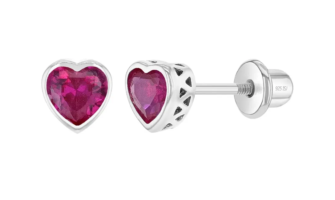 Baby and Children's Earrings:  Sterling Silver Bezel Set Pink Tourmaline CZ Hearts with Screw Backs