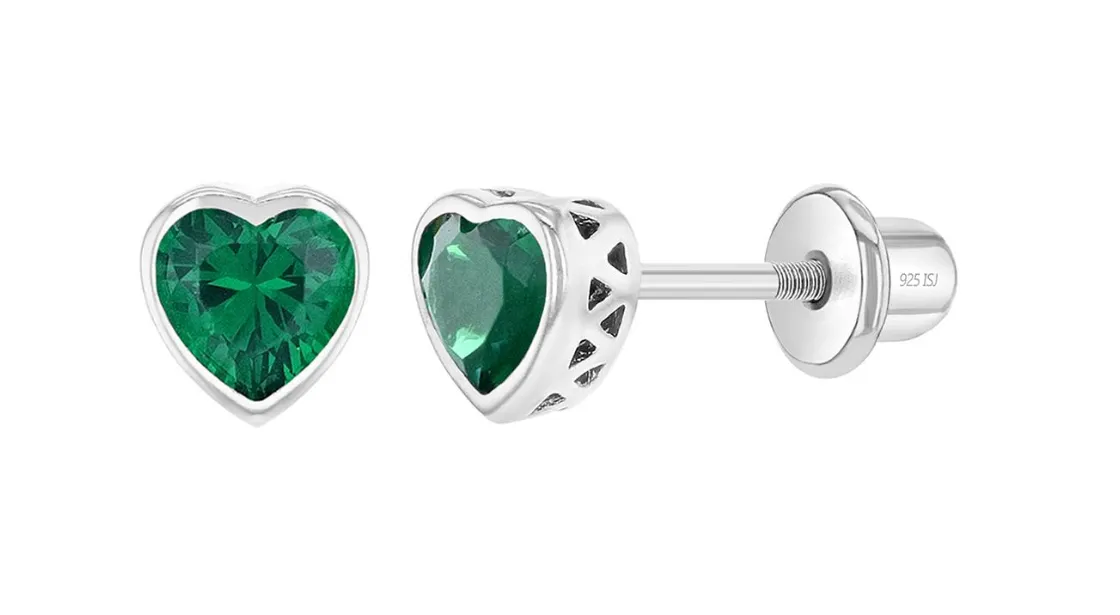 Baby and Children's Earrings:  Sterling Silver Bezel Set Pink Tourmaline CZ Hearts with Screw Backs